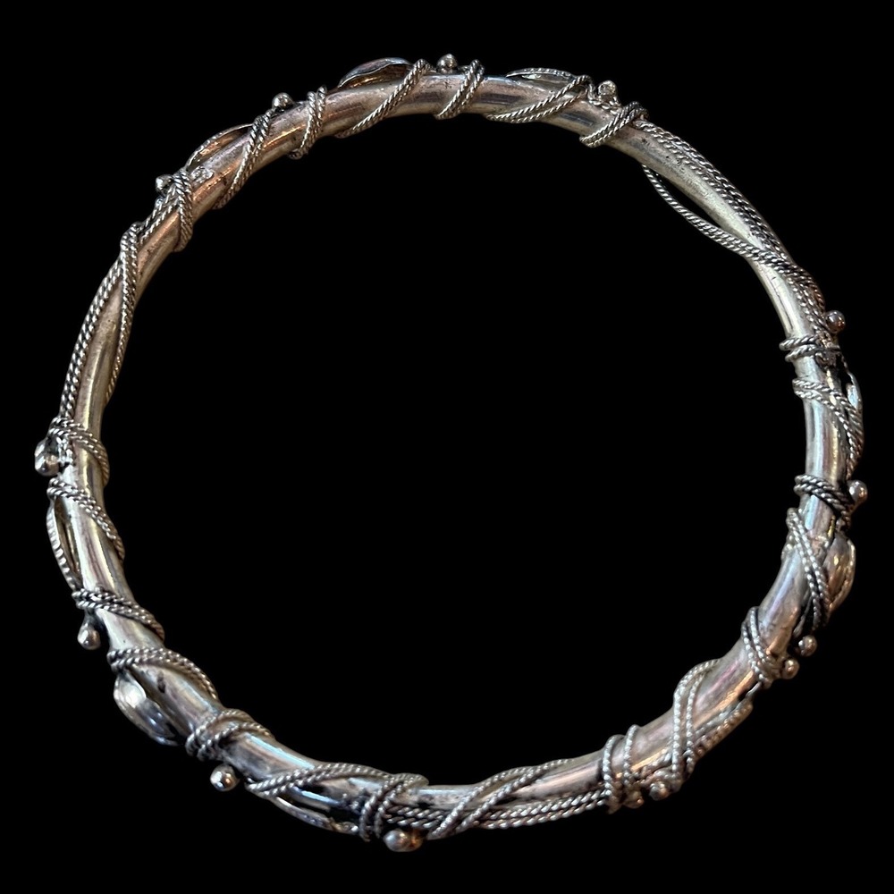 Vintage Handmade Balinese Style Silver Tone Twisted Rope Granulated Bracelet - Picture 3 of 8